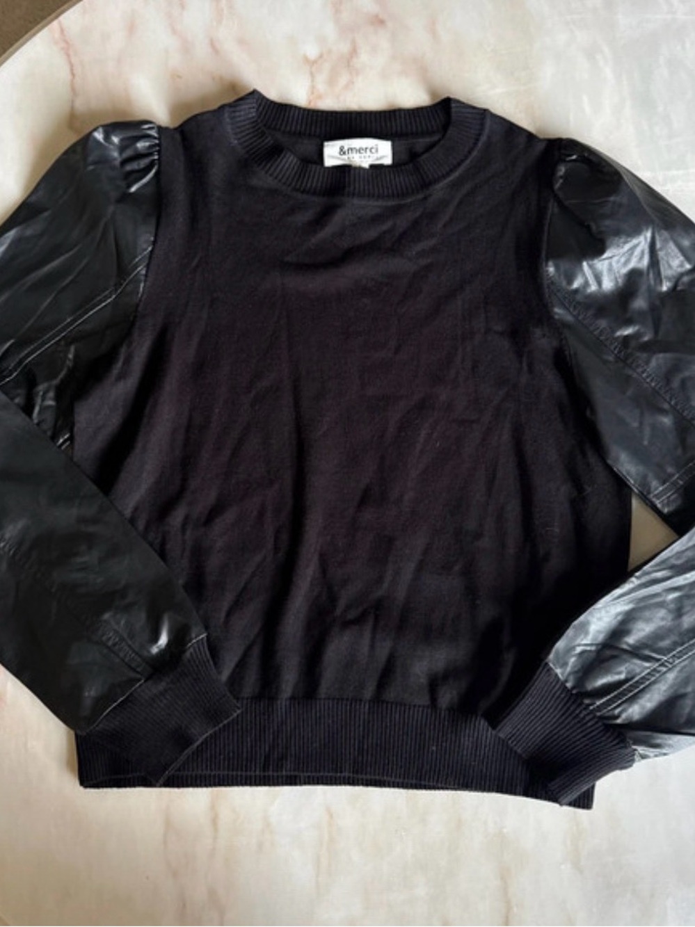&Merci Black Sweater with Faux Leather Sleeves
